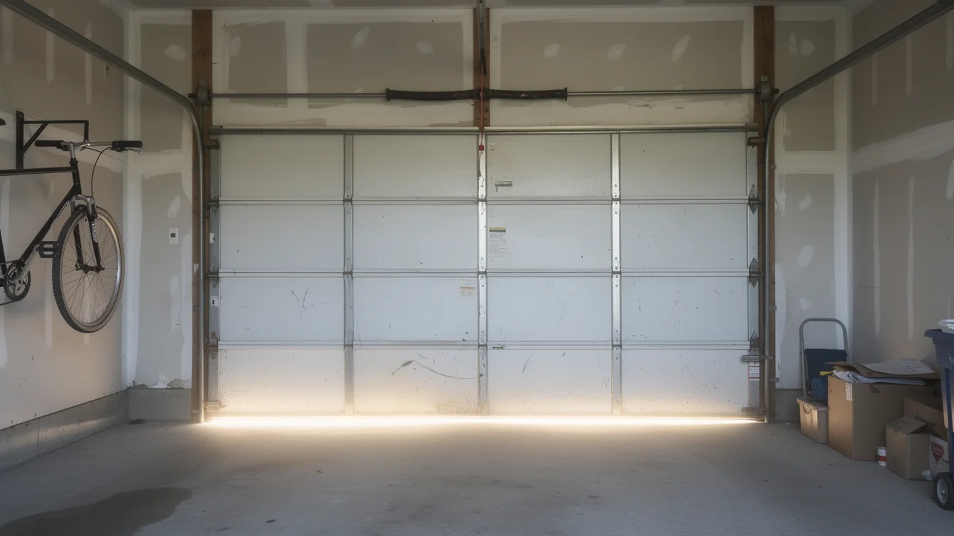 The garage door is closed with a bright line of light at the bottom.
