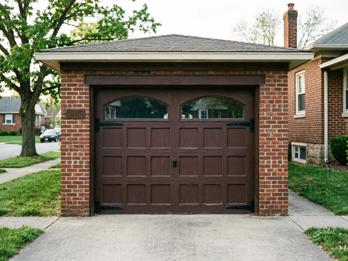 A brown garage door with arched windows is set in a brick garage.