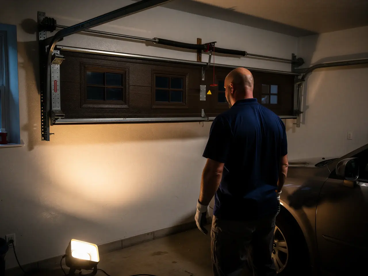 A technician stands in a garage looking at a brown garage door.