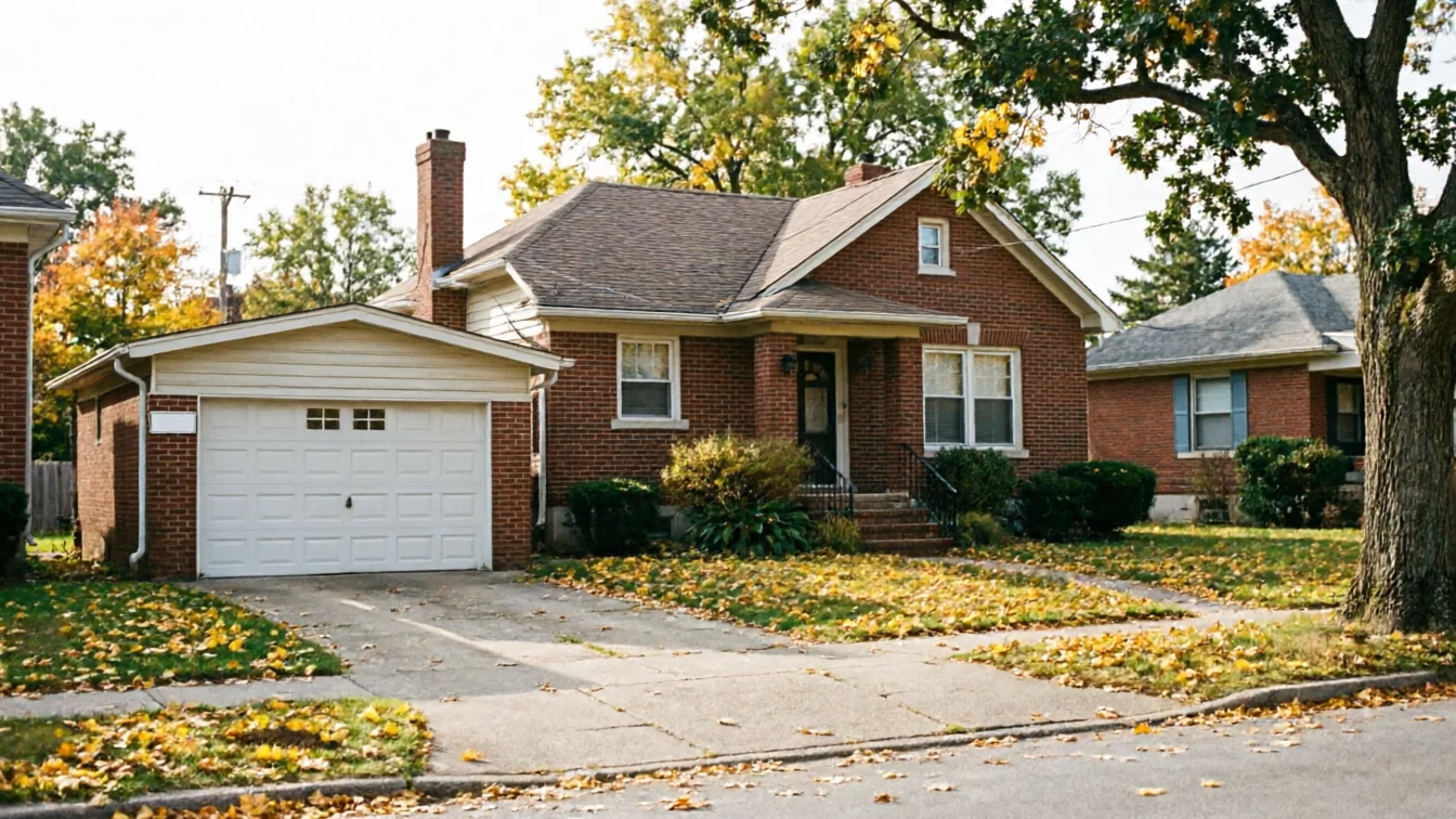 A white garage door is attached to a brick house with a brown roof.