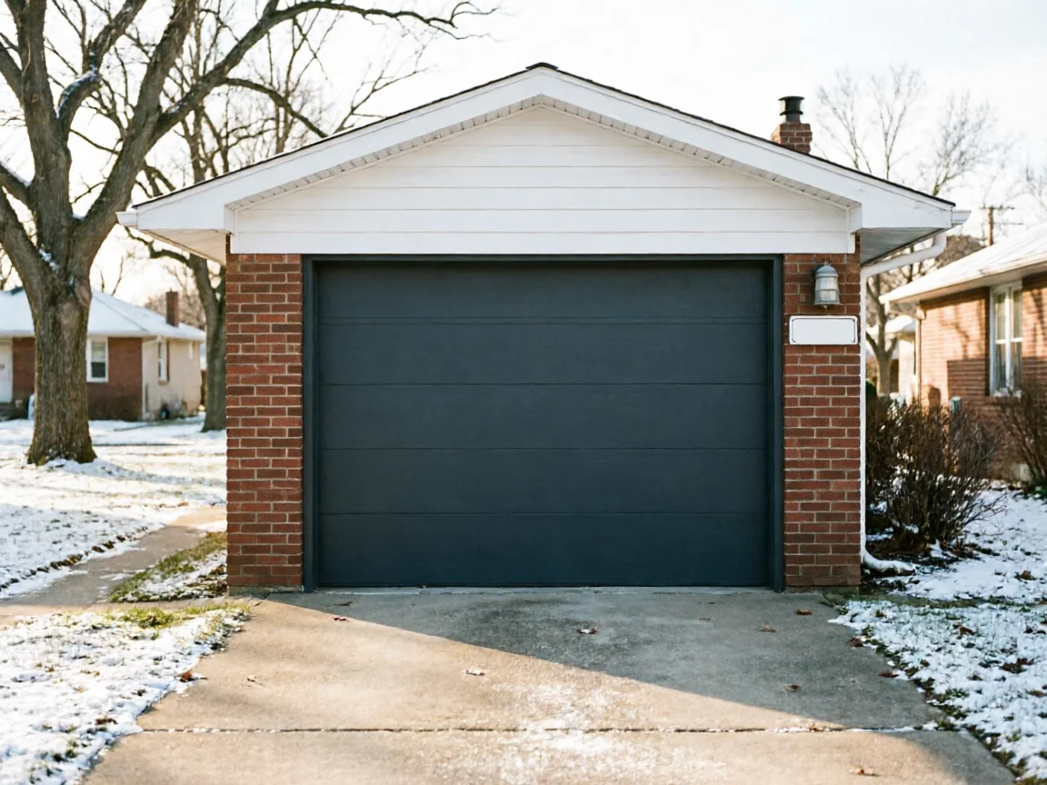 The dark gray garage door is on a brick garage with a white gable.