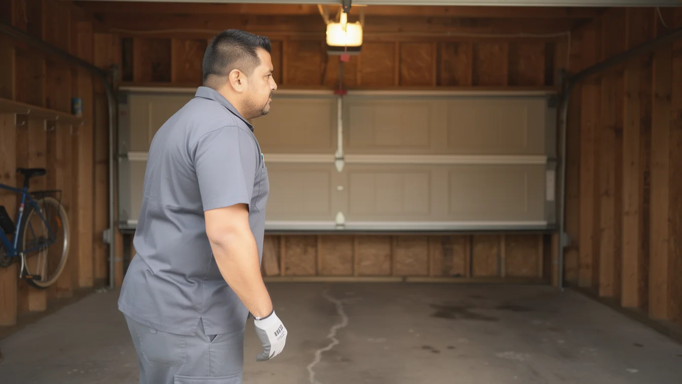 A technician in a gray uniform stands in a garage with a partially open door.