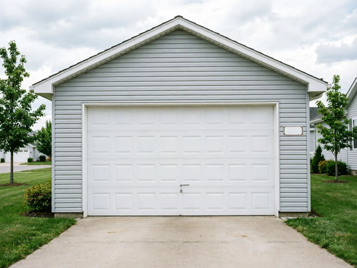 A white paneled garage door is on a light gray house with a green lawn.