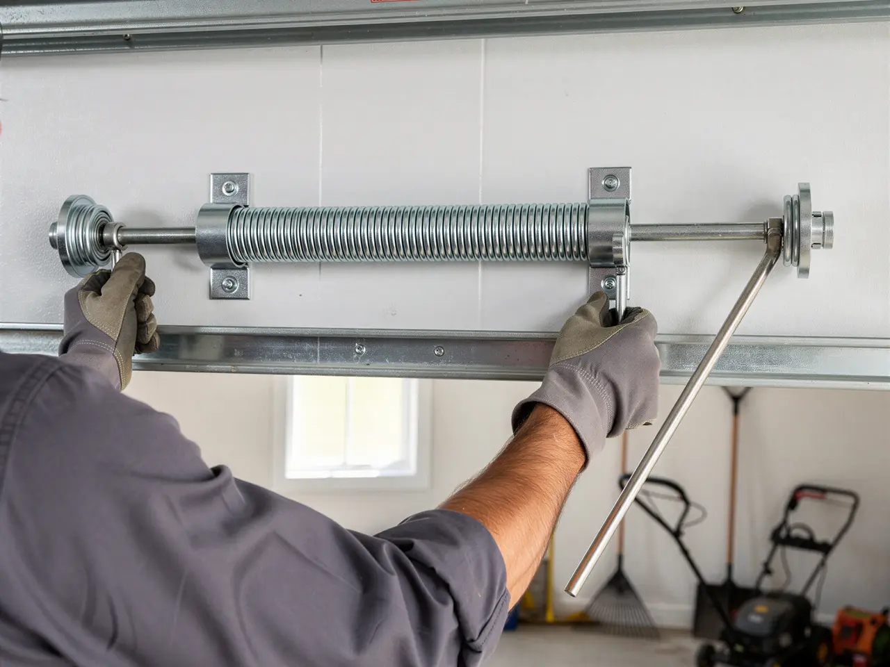 A technician adjusts a garage door torsion spring with a winding bar.
