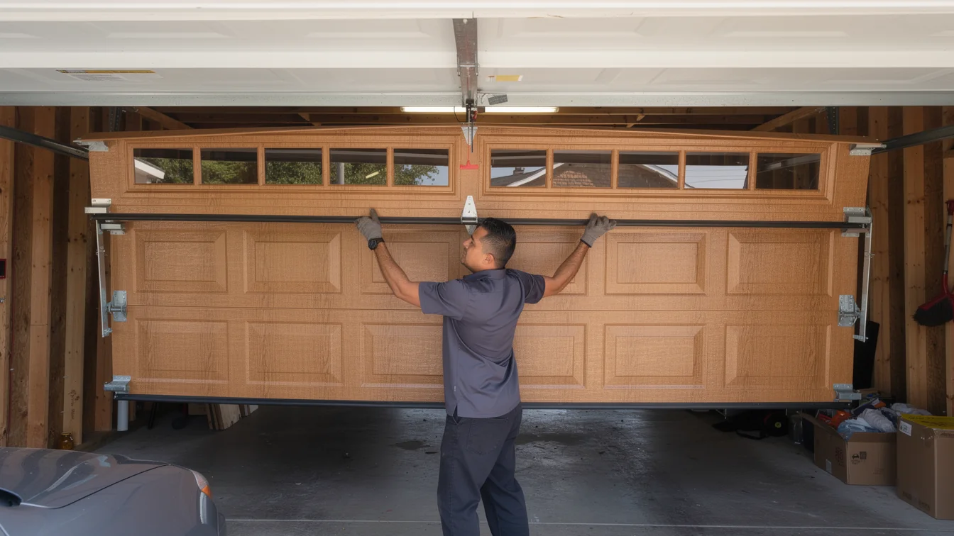 A technician installs a brown garage door with windows.