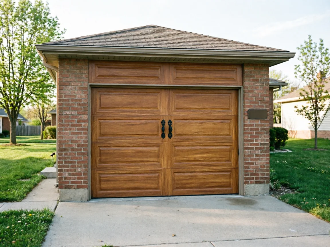 A single brown garage door with decorative black handles on a brick garage.